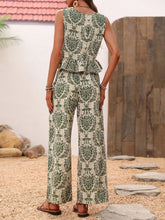 Vintage Printed Ruffle Hem Top With Wide-Leg Pants Set